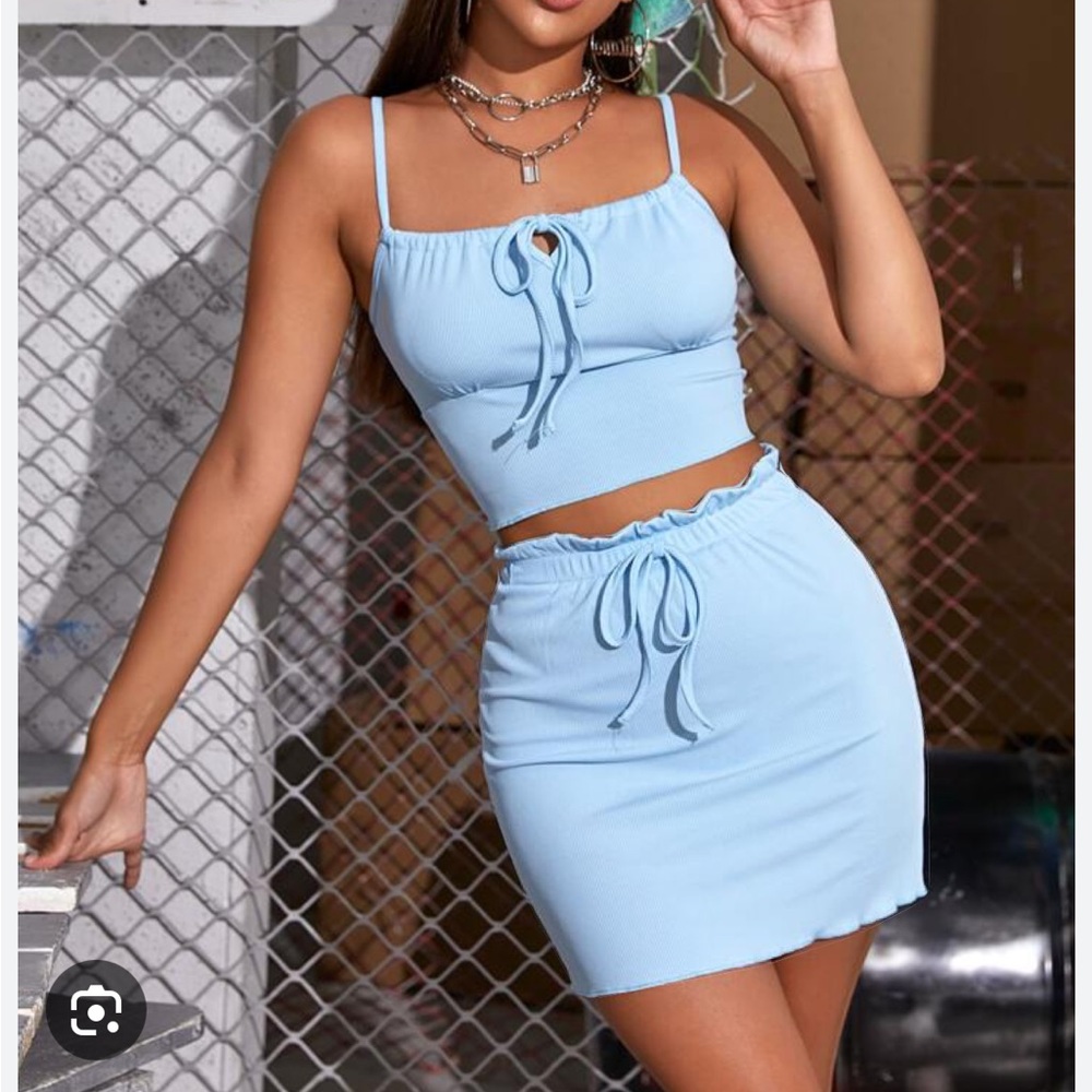 Tie Front Rib-Knit Cami Top & Paperbag Waist Skirt Set